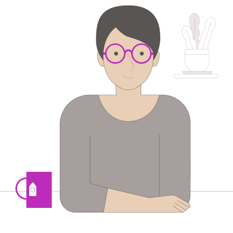illustration of person wearing glasses with a purple mug next to them